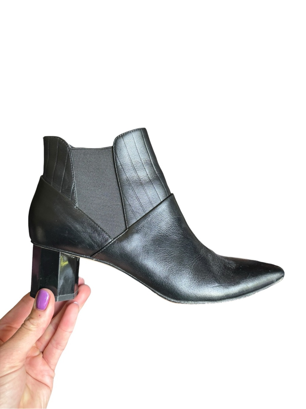 Donald Pliner Black Leather Chelsea Ankle Boots 8M Block Heel Pointed Toe